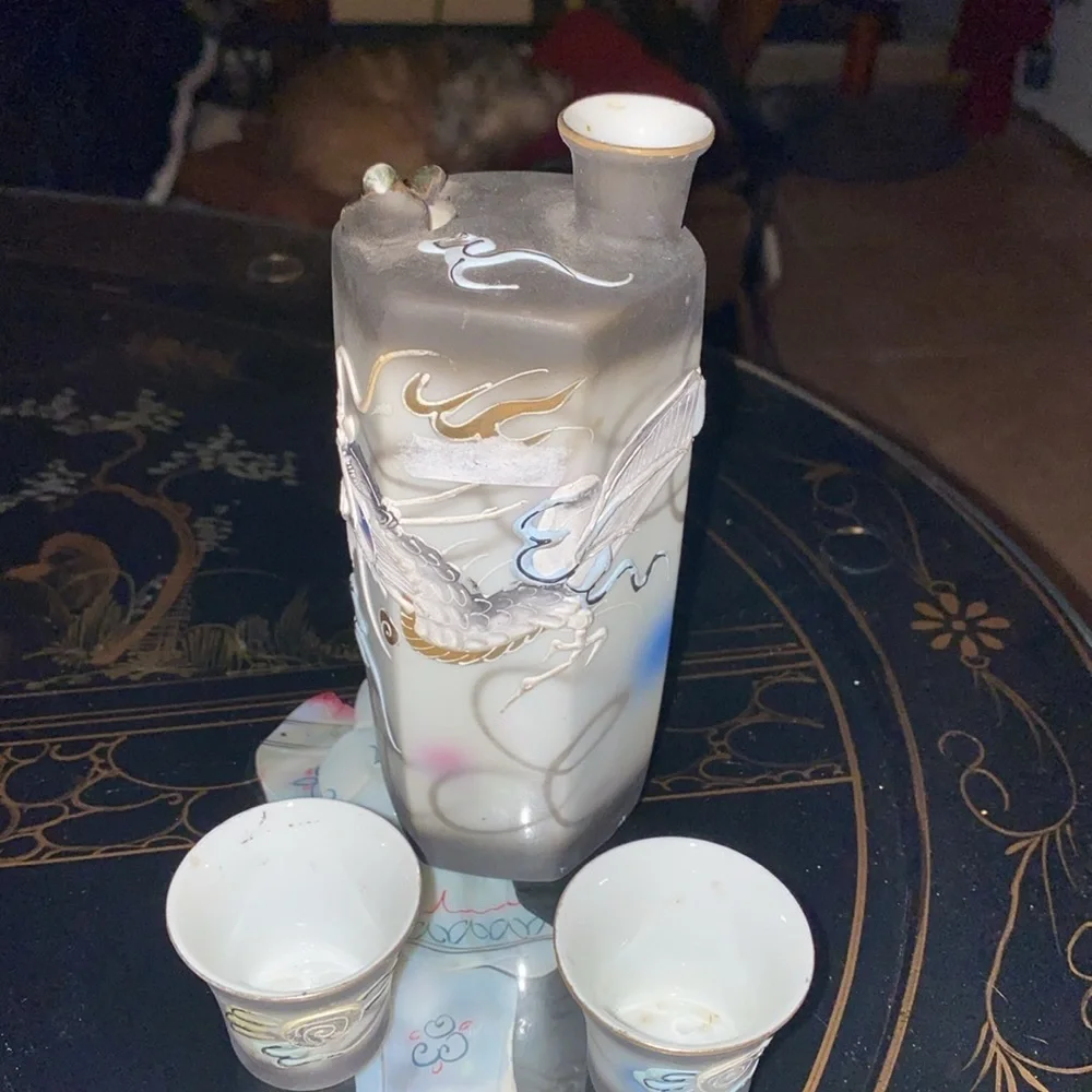 Vintage Japanese Whistling Bird Sake Dragonware Hand Painted Porcelain w/cups